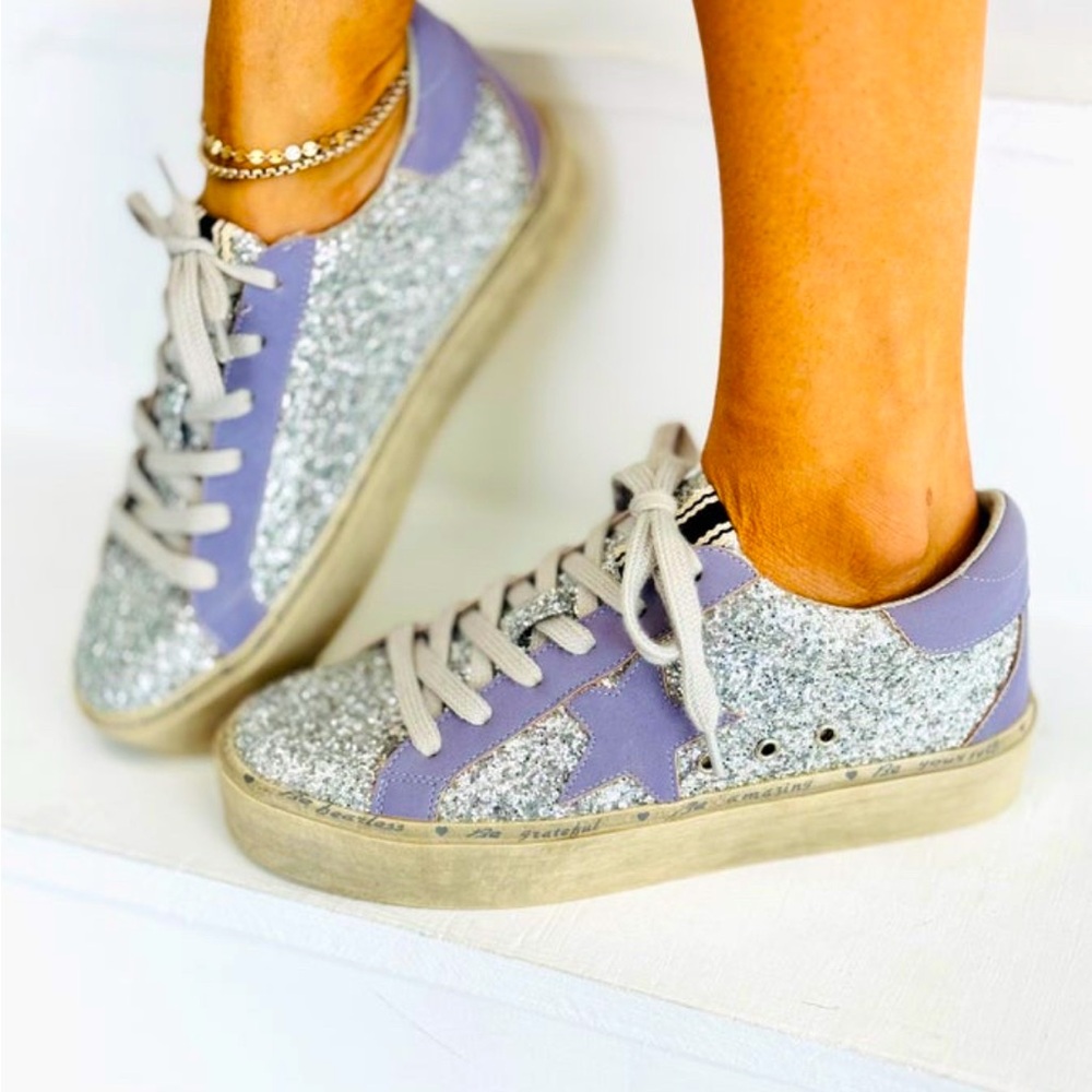 Brand New Shu Shop Sneakers, Be Amazing Purple Glitter Sneakers